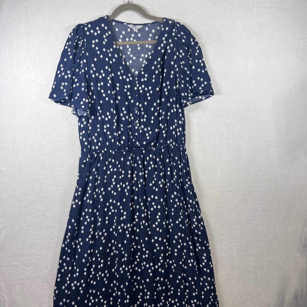Navy Blue Ikat Diamond Print Button V-Neck Midi Dress XL Pocket Rayon